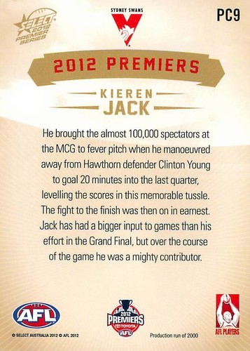 Signed 2012 SYDNEY SWANS AFL Premiers Card KIEREN JACK - Picture 2 of 2