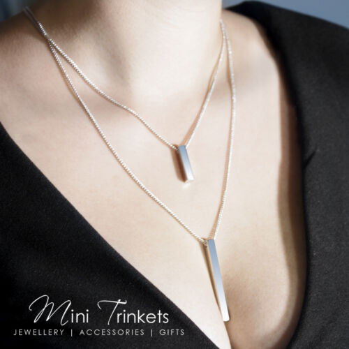 Gold Silver Double Bar Multi-Layered Drop Necklace Lariat Pendant Womens Gift  - Zdjęcie 1 z 3