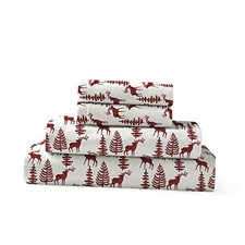 Flannel Sheet Set Cotton Soft Warm  Cozy Modern Chic with King Deer Red