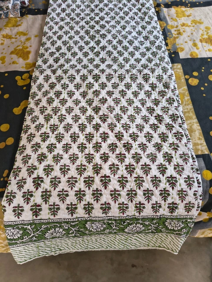 Indian Hand Block Print Green White Cotton Kantha Quilt Throw Blanket Bedspread - Image 2 of 4