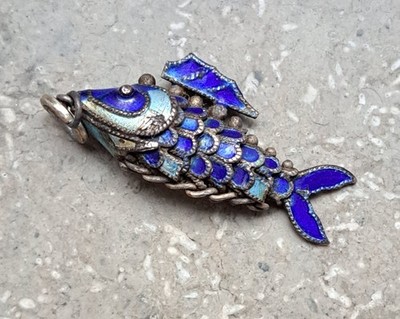 Vintage Cloisonne Enamel Fish Pendant Silver Blue Charm Asian Antique