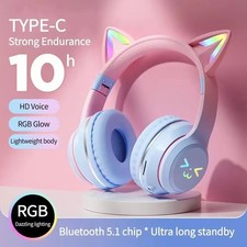 RGB Glow Earphones Wireless Earbuds 5.3 Cat Ear Bluetooth Sports Headphones Blue