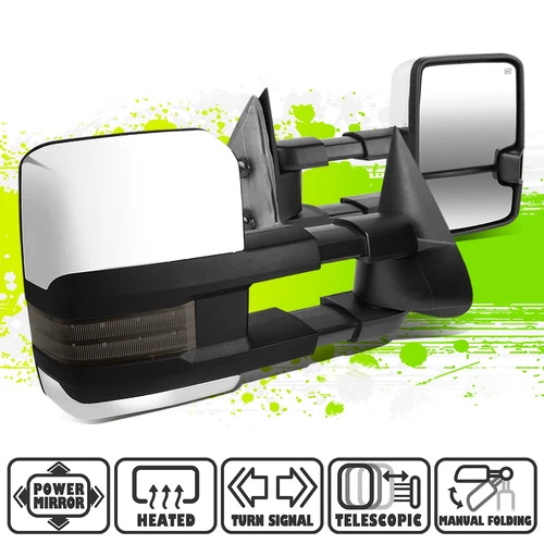 Chrome Powered Heated Smoked LED Signal Towing Mirror for Sierra Silverado 99-02