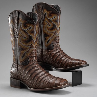 Genuine Leather Exotic Caiman Belly Print Square Toe Cowboy Western Boots -Brown