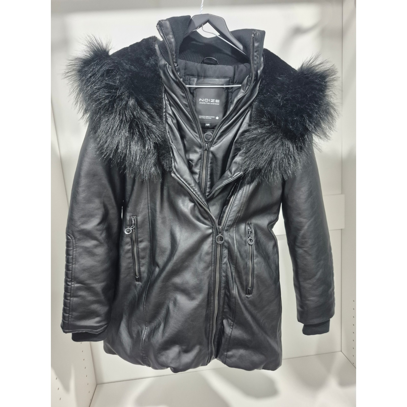 Noize Vegan Leather Faux Fur Black Winter Jacket Puffer Coat Women's Small