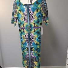 Elegant Blue and Green Sheath Midi Dress with Scoop Neck