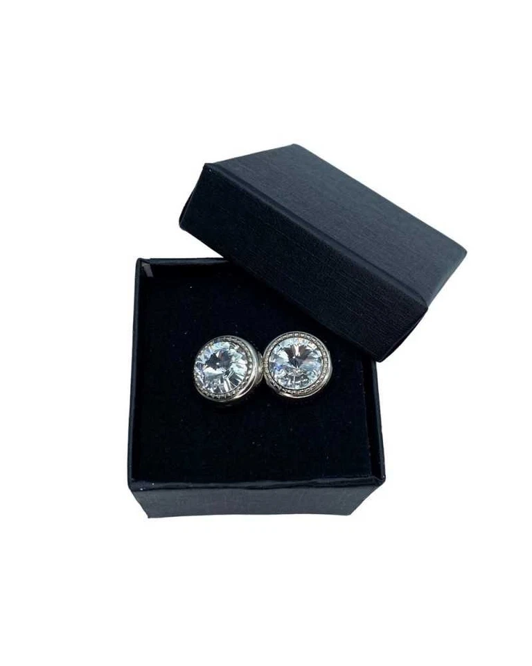 Gemelli Bottoni Rotondi Strass Metallo Lucido Argento M-9756 - Immagine 2 di 3