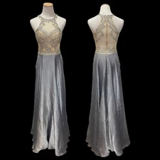 CAMILLE LA VIE Silver Gray A-line Beaded Rhinestone Prom Dress Ball Gown Size 2