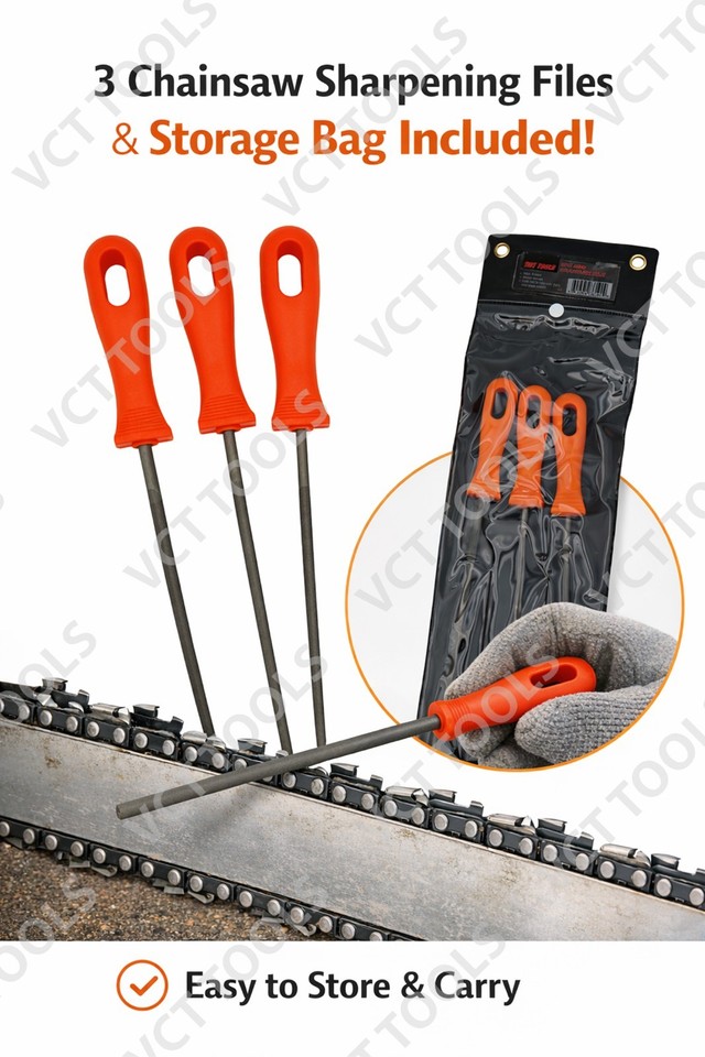 3pc Chainsaw File Set 7.5" Round Files 5/32 3/16 7/32 Chain Sharpening ...