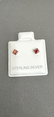 925 Sterling Silver Square Red Stone Stud Earrings Prong Butterfly Back Lobe