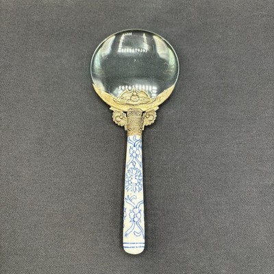 Vintage 7.5  Loupe Magnifying Glass Blue White Ceramic Handle Silver Tone Metal