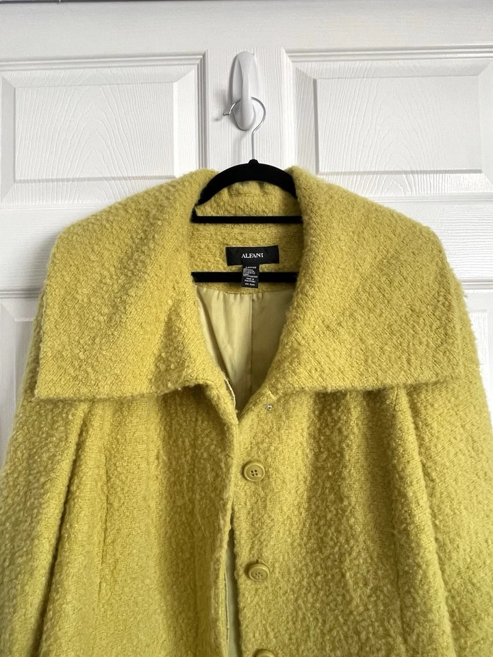 Alfani Green Coat Wool Blend Chartreuse Button Front Retro 60s Mid Century SZ LG - Image 4 of 4