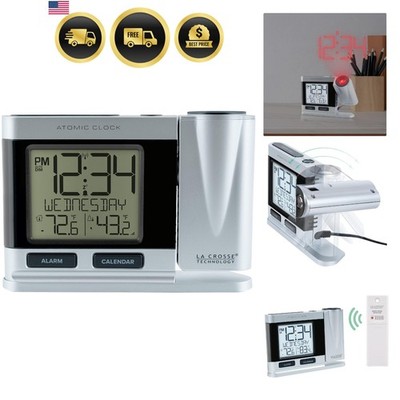 Atomic Projection Clock: Silver Alarm with Indoor & Outdoor Temperature Readings