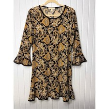 Michael Kors Black Paisley Long Sleeve Swing Dress with Gold Accents Size L