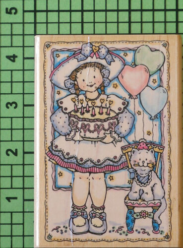Birthday Best 571K Girl With Cat Wood Mounted rubber stamp by Penny Black 1996