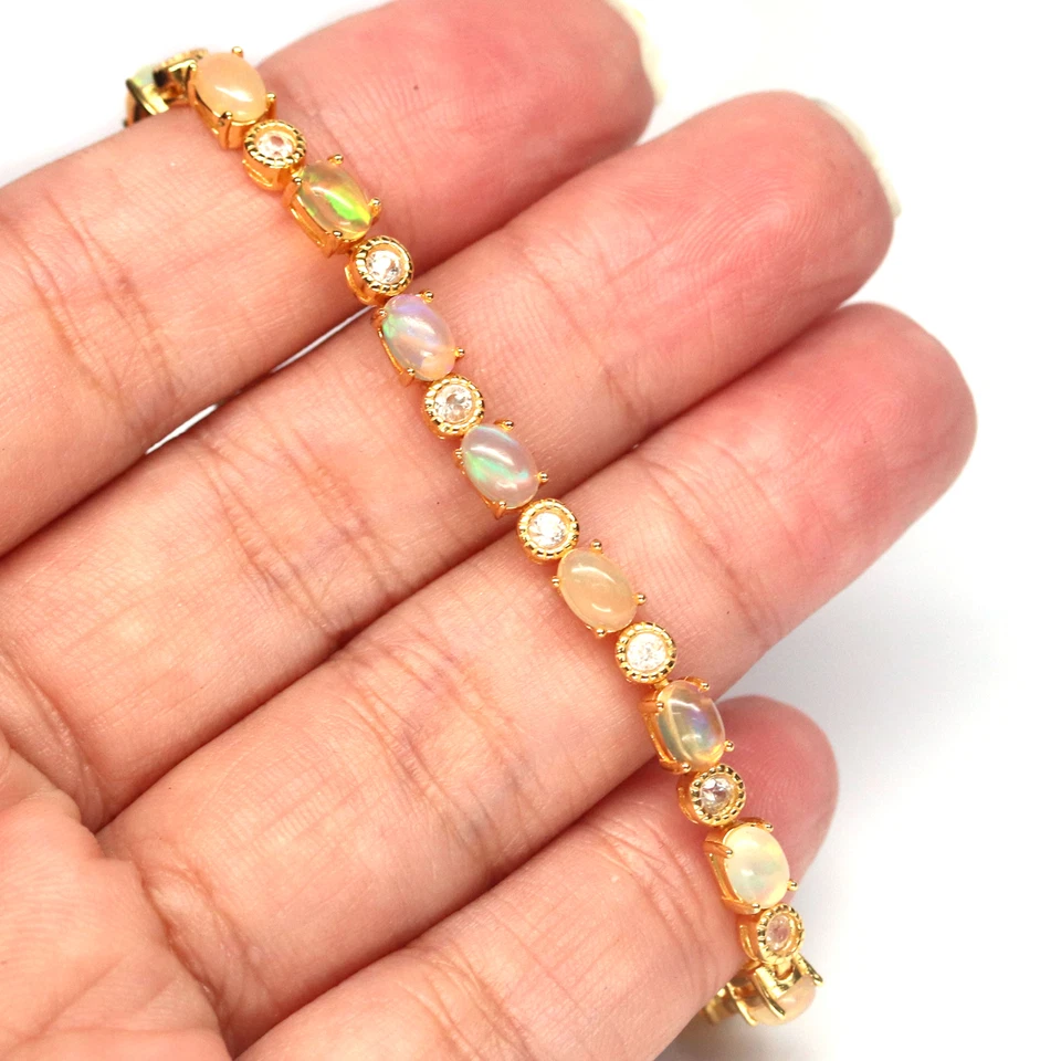 Unheated Gemstones Multicolor Opal & Cubic Zirconia 925 Silver Bracelet 10.5" - Image 4 of 4