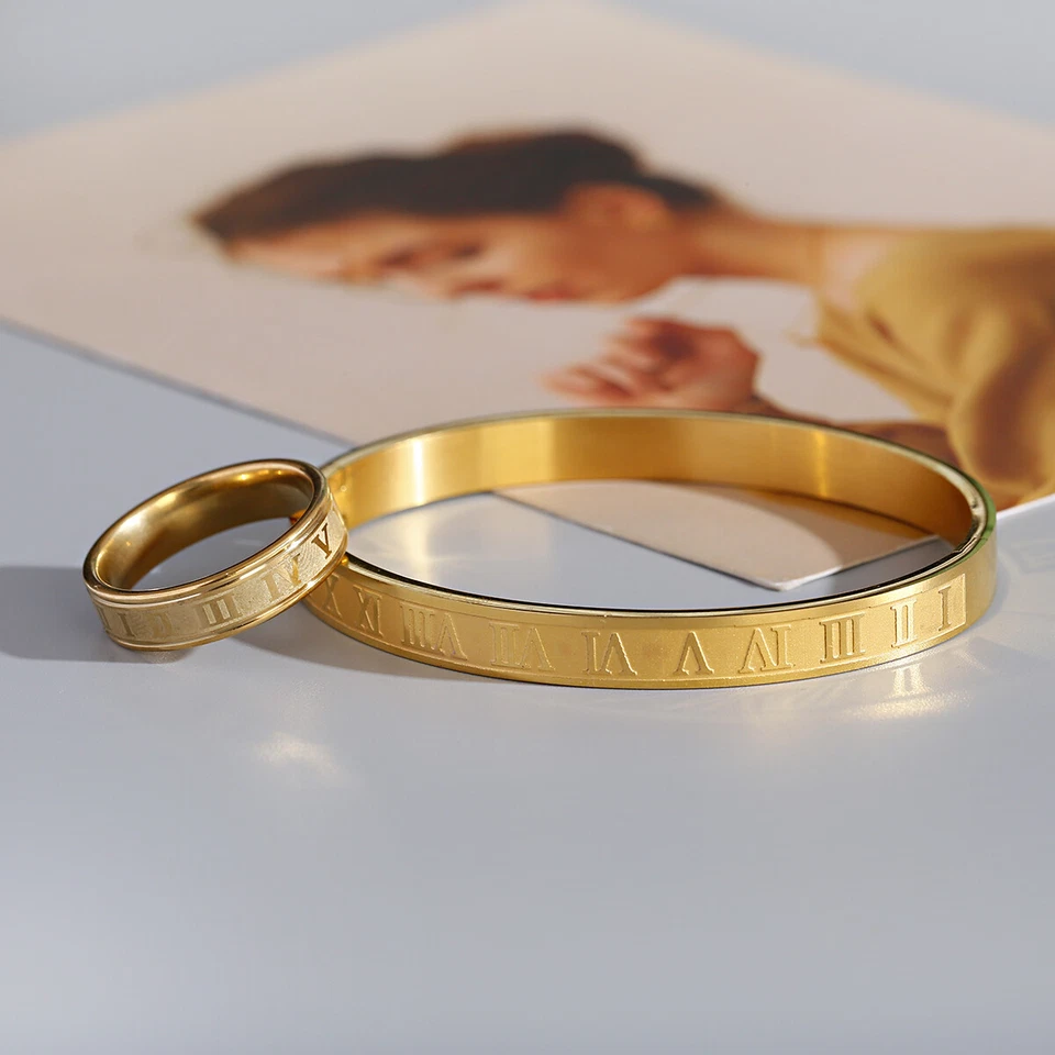 3Pcs Roman Numeral Stainless Steel Ring Bangles Chain Necklace Bracelet Jewelry - Image 2 of 4