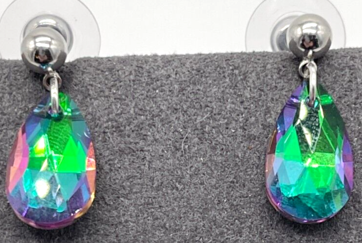 Silver-Tone Stud Earrings with Green-to-Purple Transition Crystal  -image