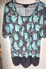 AB Studio Black With Green Flowers Print Blouse Sz L gathered waist