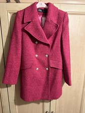 Bnwt Zara Textured Coat Jacket With Jewel Button Fuchsia Pink Size Small