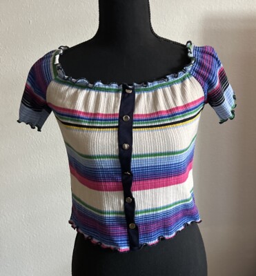 Chocolate Brand Women's Ruffle Crop Large Multicolor Striped Boho Top