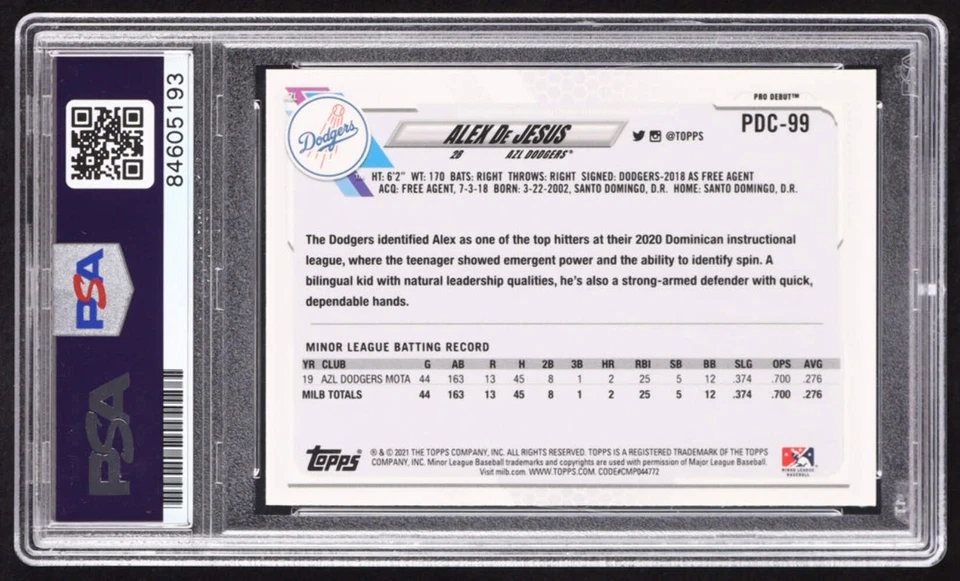 Alex De Jesus Signed 2021 Topps Pro Debut Chrome #PDC99 RC (PSA | Autograph Grad - Image 2 of 2