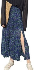 Women's Chiffon Pleated Maxi A Line Skirt Elastic High Waist Slit Tiered Flowy