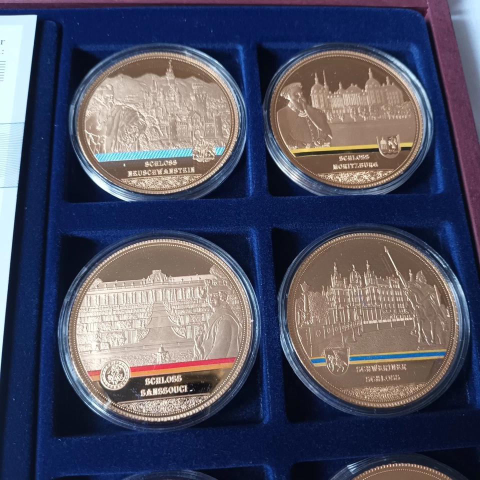 6-Medaille-Komplettsammlung DEUTSCHE SCHLÖSSER vergoldet je 50 mm in Holzbox - Bild 2 von 4