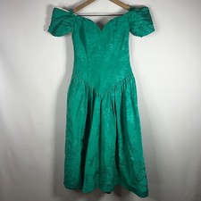 Vintage 80s Alfred Angelo Dress Women 0-2 XS Green Off The Shoulder Pleated Midi