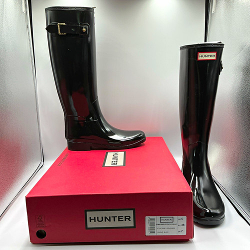 Hunter Women's Refined Gold Trim Tall Gloss Waterproof Rain Boots Black US 7