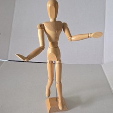 Wooden Articulated Artist Mannequin Figure with Stand, 12 inches in height.