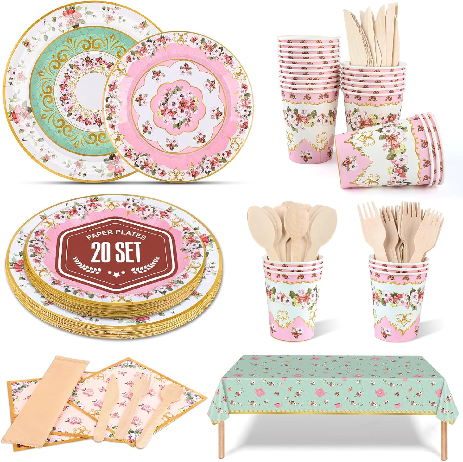 Afternoon Tea Decorations Set of 20 Floral Paper Plates Set, Party Plates Cups