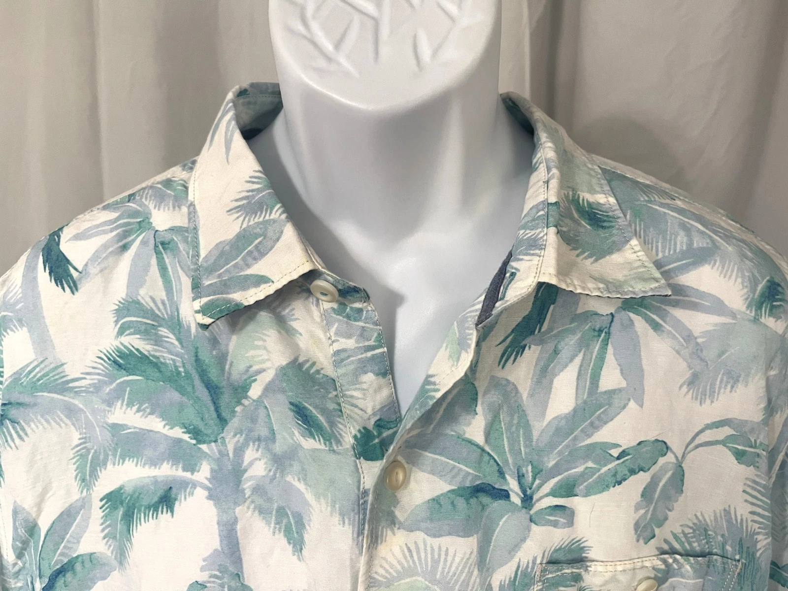 🌴 Tommy Bahama Men's Teal & White Linen Blend Contrasting Collar Shirt XL EUC🌴