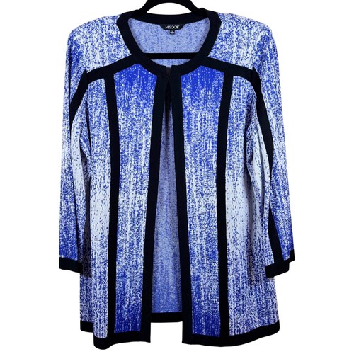 Misook Abstract Open Front Knit Jacket Size L Blue Black Trim Office Chic Modern