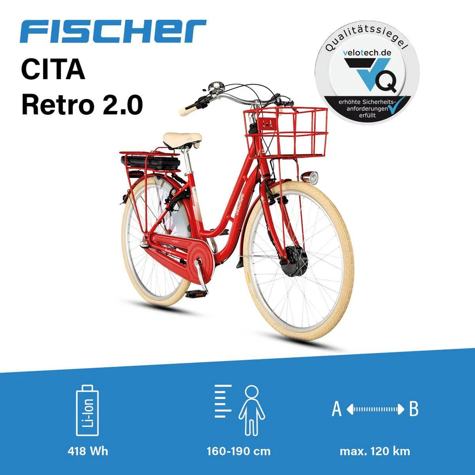 FISCHER City E-Bike Cita Retro 2.0 rot RH 48 cm 28 Zoll 418 Wh Rücktritt E-Rad - Bild 2 von 4