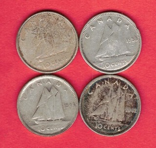 4 Canada Silver Dimes: 1942 1944 1953 1962 .24 Troy Oz ASW US$18.50 in Silver