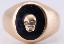Antique 14K Gold Memento Mori Skull Mens Ring | Black Onyx & Diamond Eyes