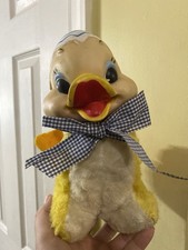Vintage My Toy Rubber Face Duck Plush With Easter Egg Hat Blue Checkered Bow