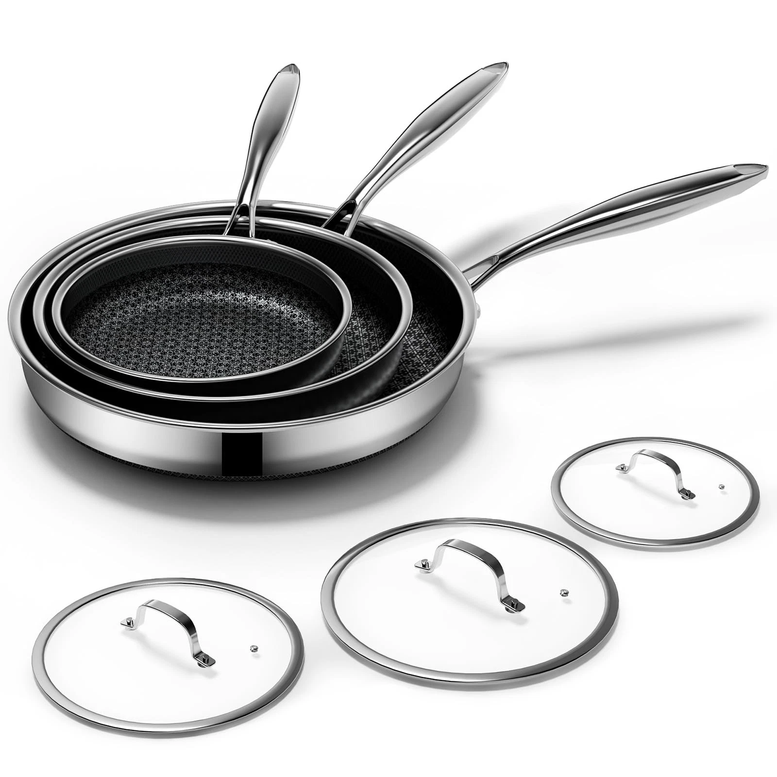 KURRUNGIE Non Stick Frying Pans Set with 3 Lid, 8+10+12-inch, Silver