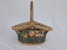 Ancien Panier En Osier Décor De Fleurs Art Populaire Artisanat