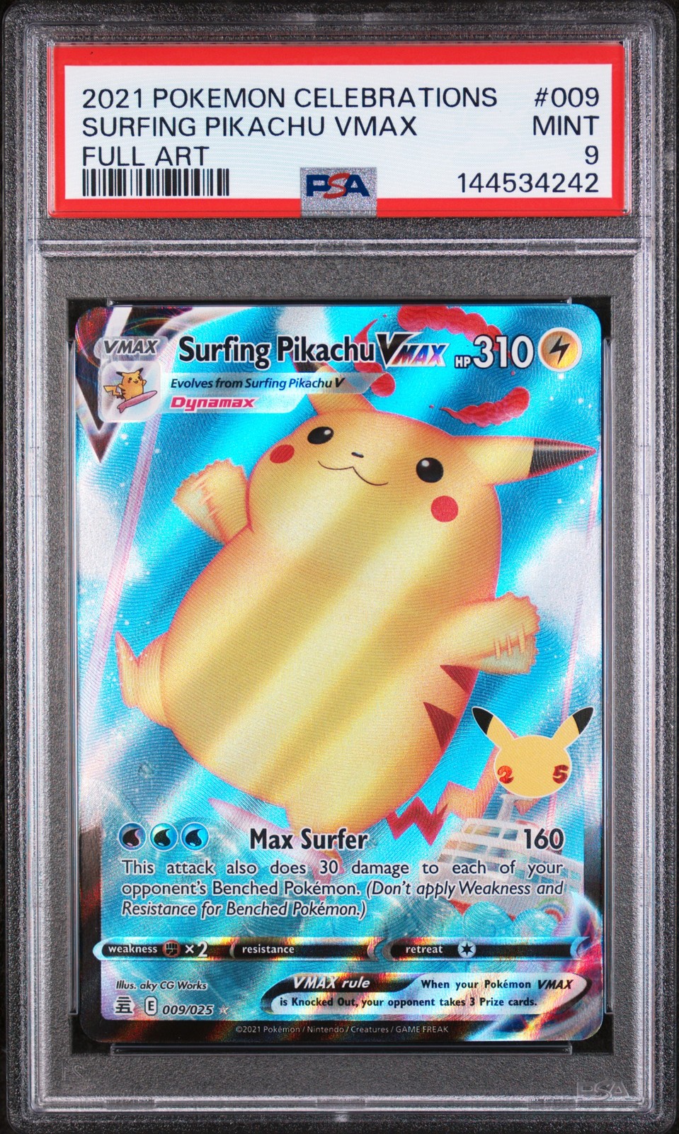 Surfing Pikachu Vmax 009 - Pokemon Celebrations Full Art - PTCG PSA 9