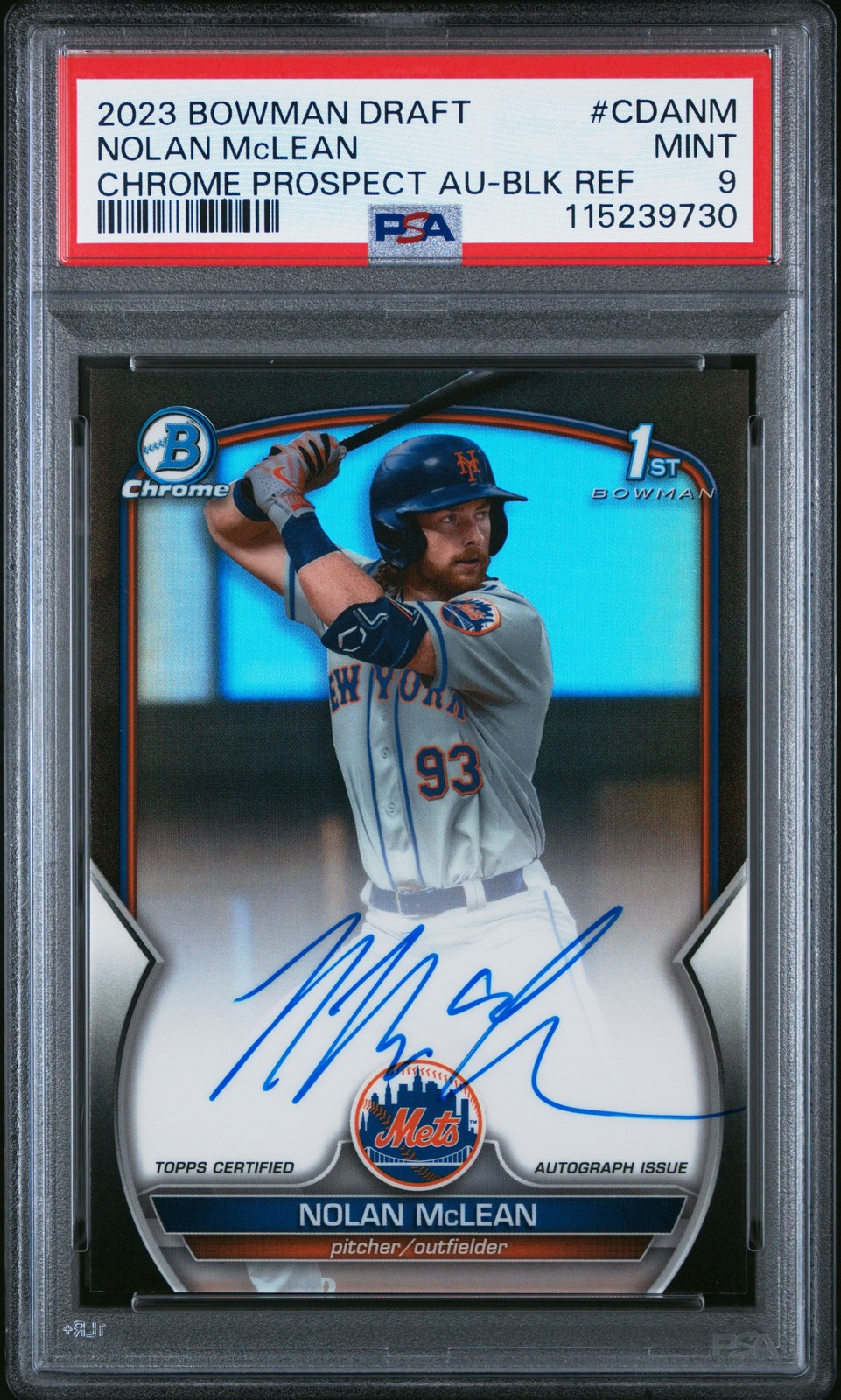 2023 Bowman Draft Chrome Prospect Auto #CDANM Nolan Mclean Chrome /75 PSA 9