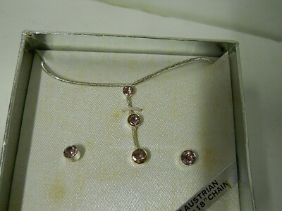 Pink Amethyst Genuine Austrian Crystal Necklace & Earring Silvertone Gift Set 