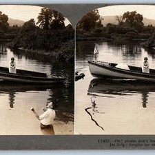 1900 Weird Cute Girl in Boat Real Photo Man in Lake Stereo Card Umbrella V14