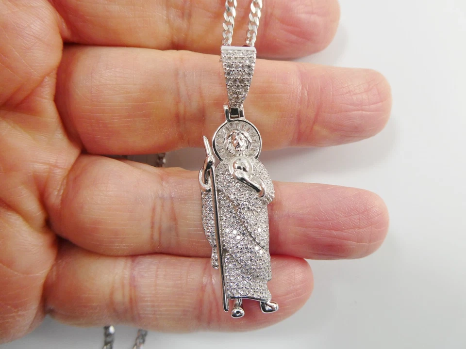 REAL 925 PRATA ESTERLINA 18" CORRENTE CUBANA E PINGENTE SANTO JUDEU ACABAMENTO RÓDIO - Imagem 3 de 4