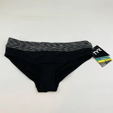 Womens L 10/12 TYR Bikini Swimsuit Bottom Black Pattern Waistband Active UPF 50+