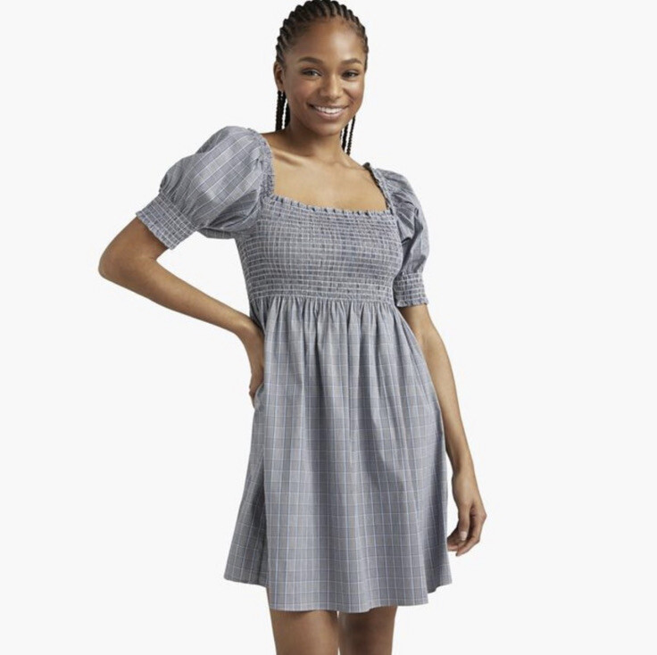 Hill House Athena Gray Blue Plaid Check Puff Sleeve Smocked Mini