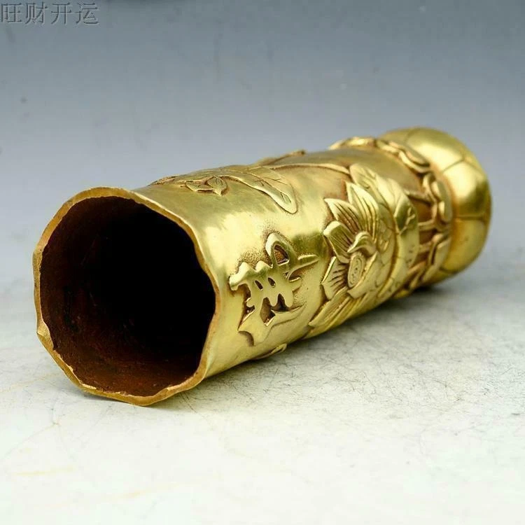 Китай латунный фэн-шуй счастливый лотос буддизм ручка контейнер щетка горшки старинный - Изображение 3 из 3