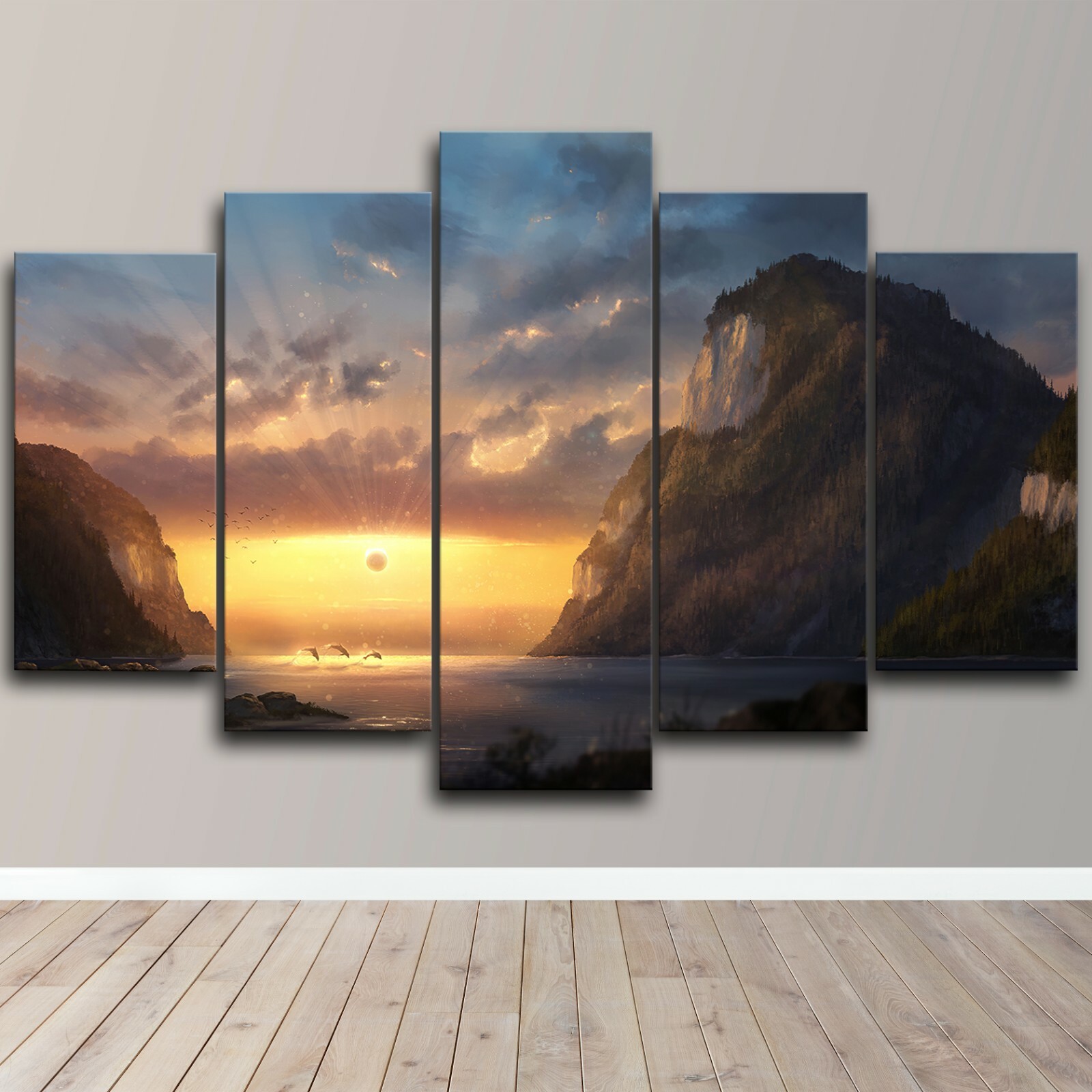 Sunset Dolphin Mountain Artistic Beauty 5 Piece Canvas Wall Art Print Home Decor