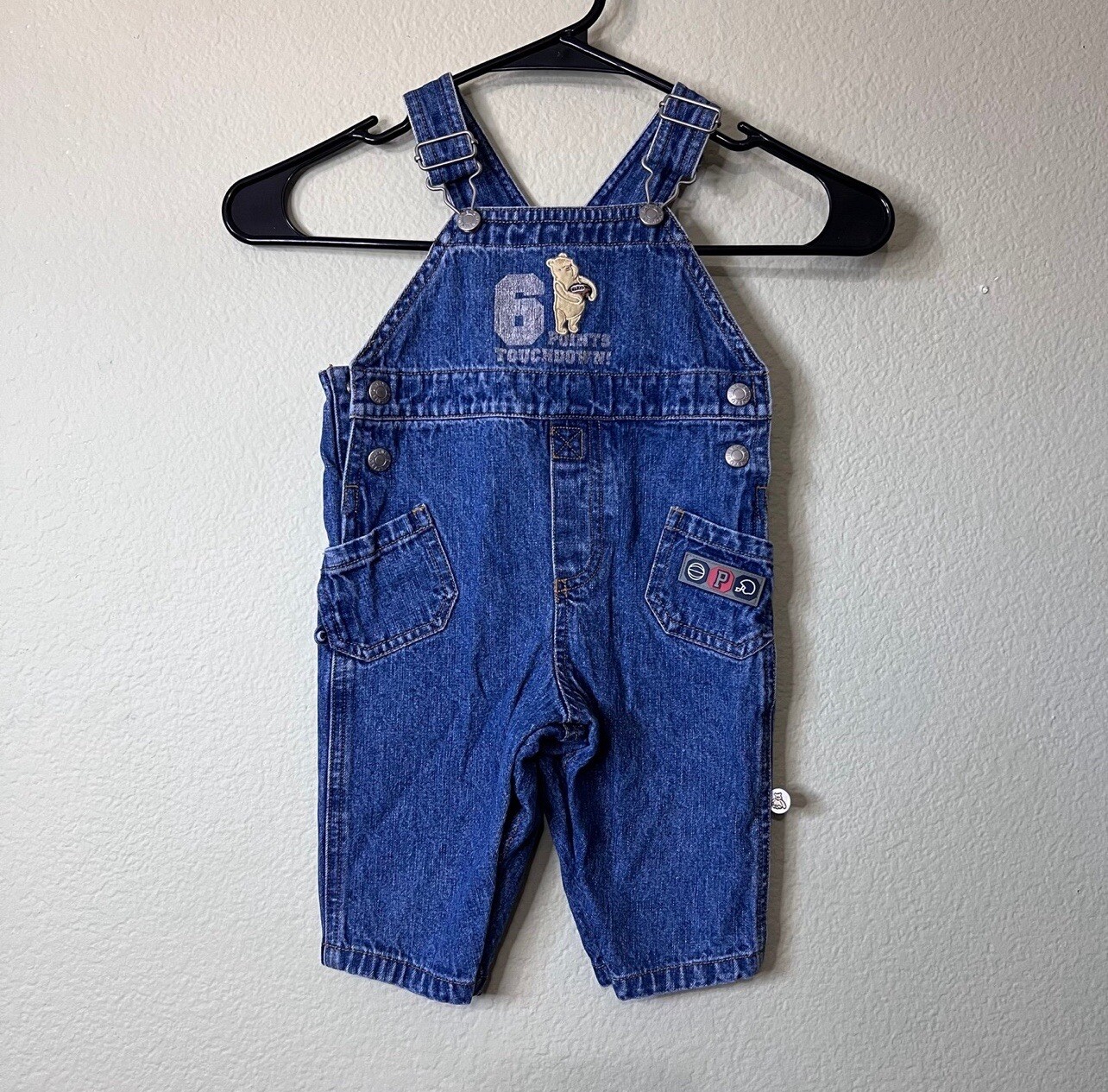 Vintage Denim Blue Jeans Winnie the Pooh Football Embroidered Baby Overalls 3-6